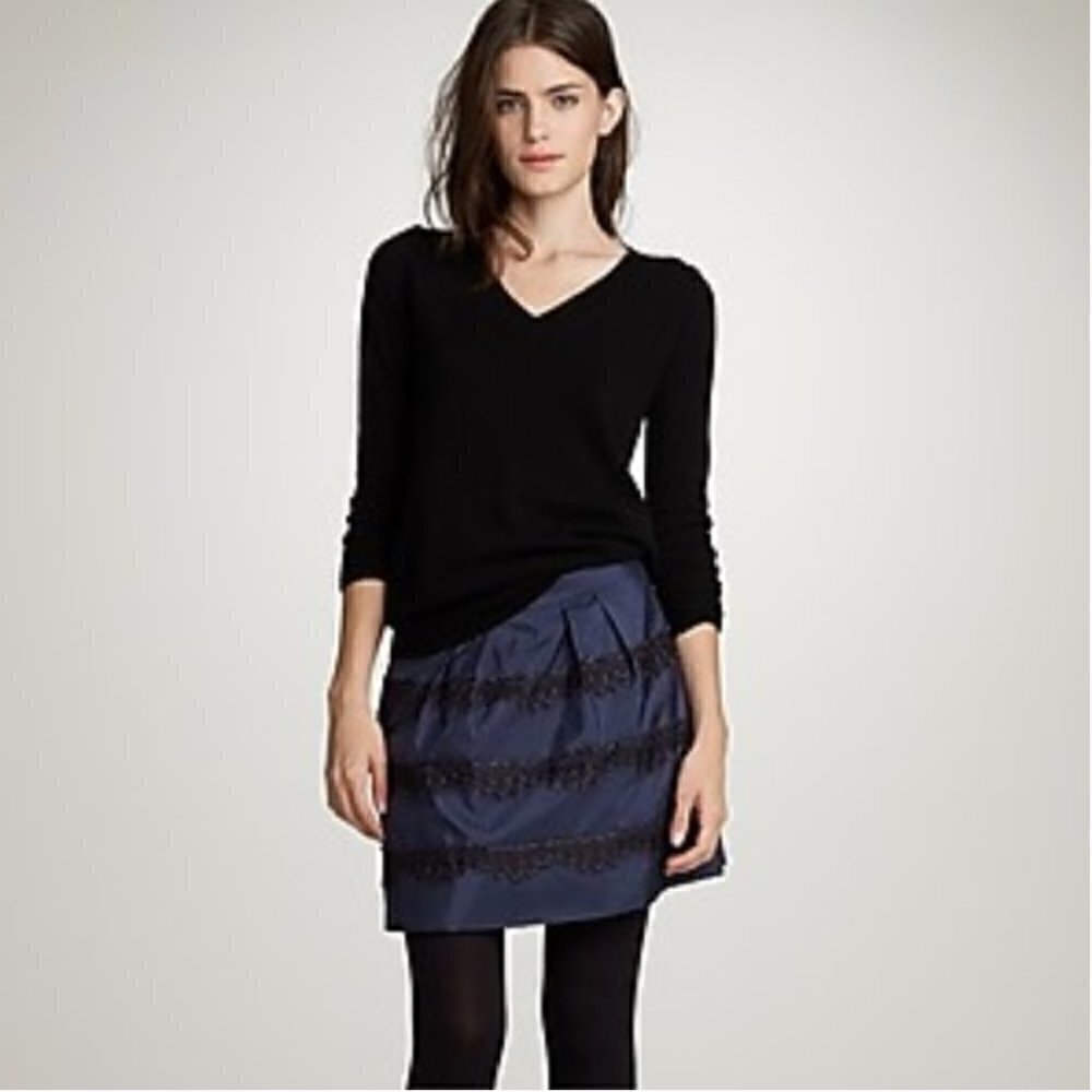 J. Crew Navy Silk Full Marvelle Mini Skirt with Black Lace Stripes Tulle Size 4